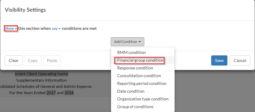 Setting a Financial Group Condition in the Visibility Settings